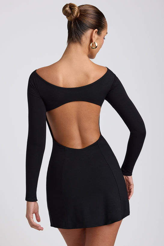 Modal Twist-Front Long-Sleeve Mini Dress in Black