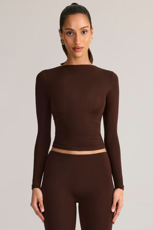 Modal Ruched Long-Sleeve Top in Chocolate Brown