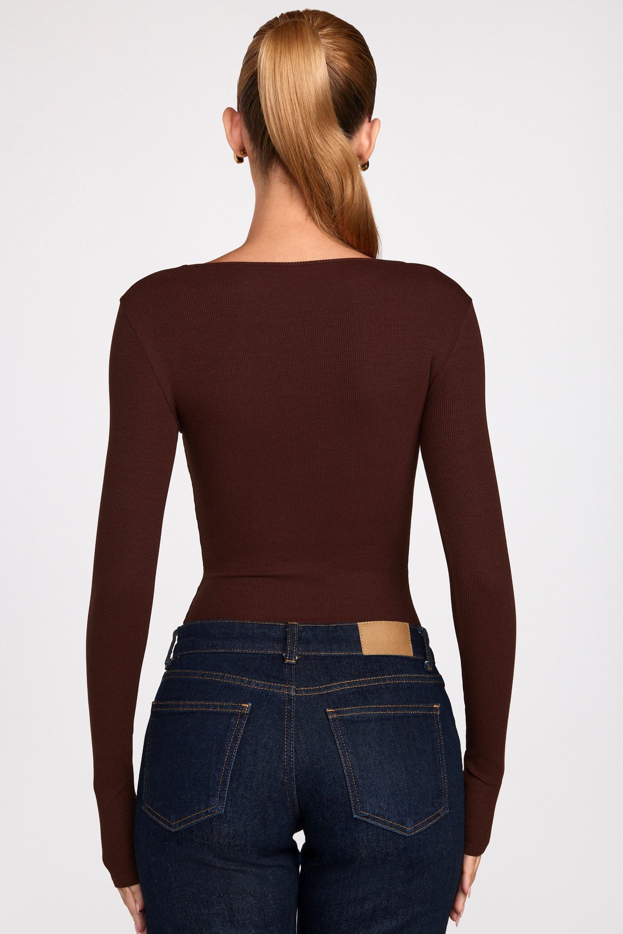Ribbed Modal Ruched Long-Sleeve Top in Chocolate Brown - 4