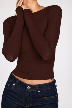 Modal Ruched Long-Sleeve Top in Chocolate Brown