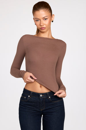Modal Ruched Long-Sleeve Top in Mocha