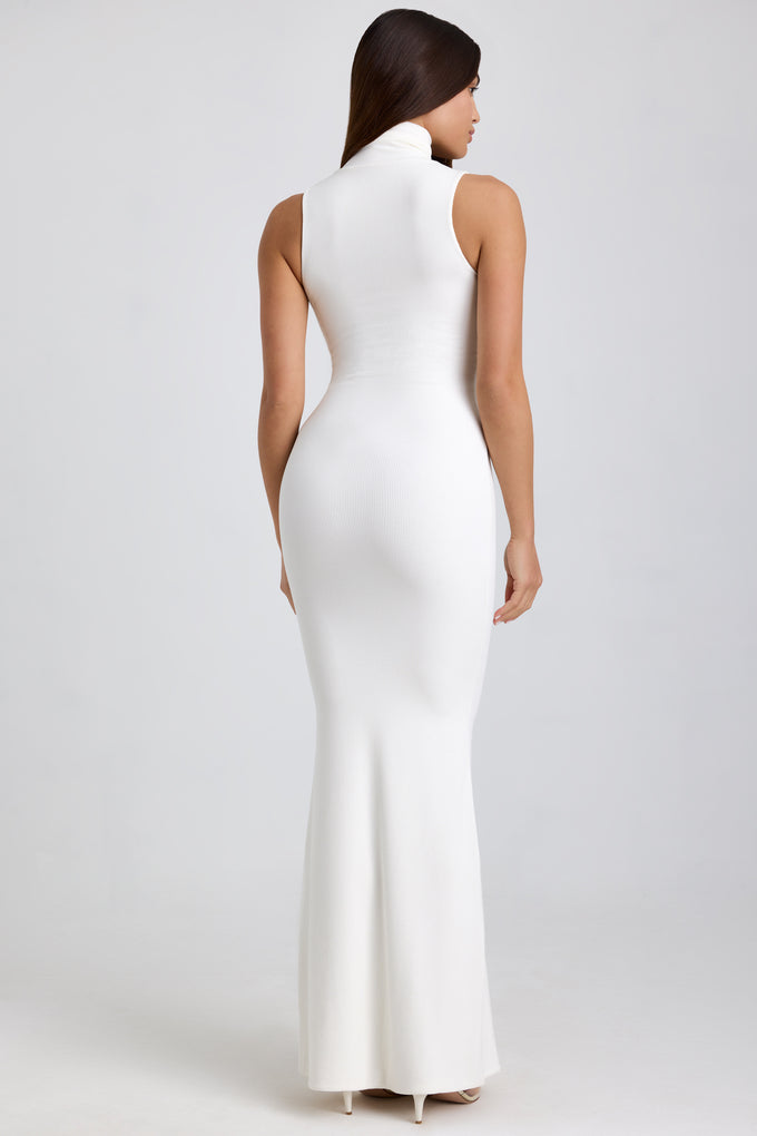 Ribbed Modal Turtleneck Maxi Dress in White
