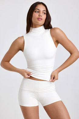 Ribbed Modal Mid-Rise Foldover Shorts in White