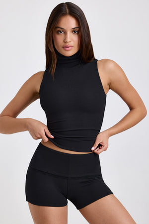 Modal Ribbed Mid-Rise Foldover Shorts in Black