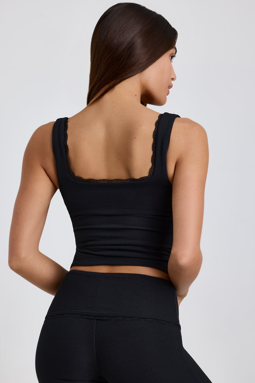 Ribbed Modal Lace-Trim Tank Top in Black - 2