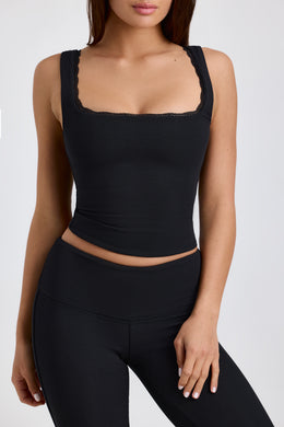 Ribbed Modal Lace-Trim Tank Top in Black