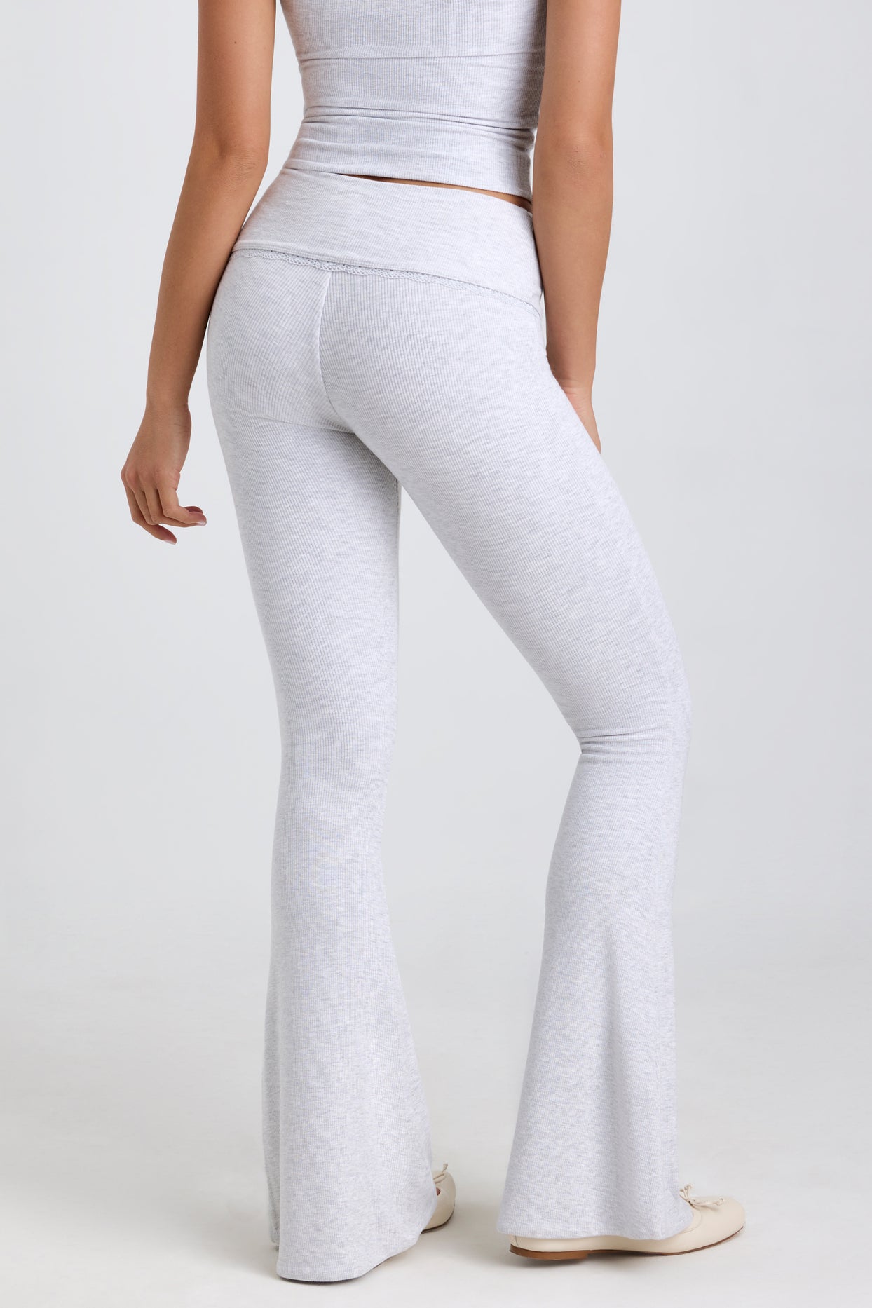 Ribbed Modal Mid-Rise Foldover Flared Trousers in Grey