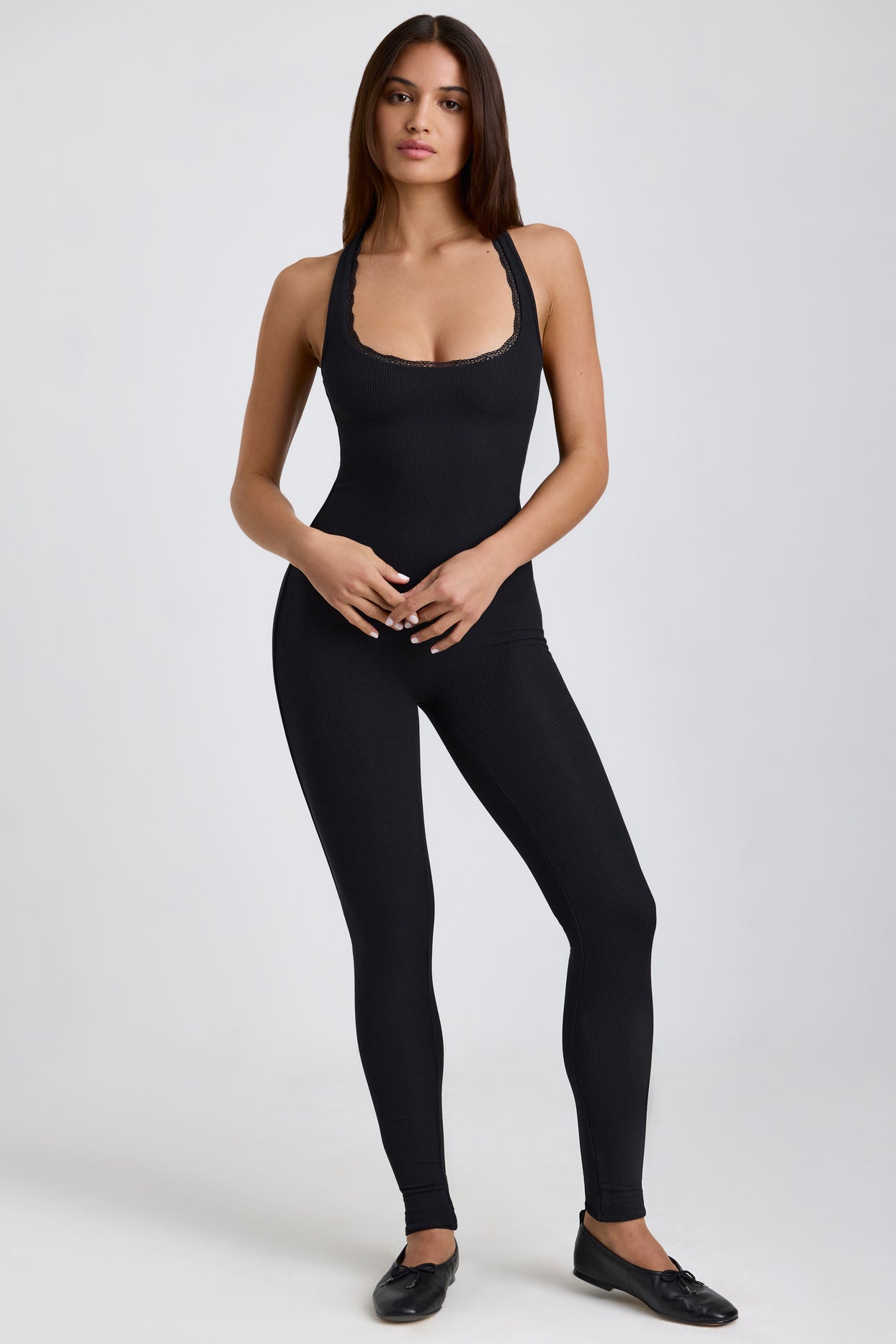 Ribbed Modal Lace-Trim Jumpsuit in Black