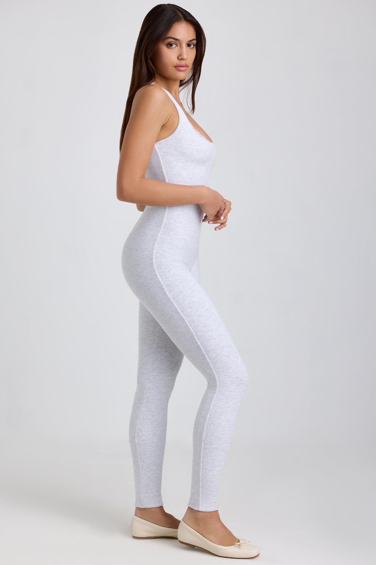 Ribbed Modal Lace-Trim Jumpsuit in Grey - 3