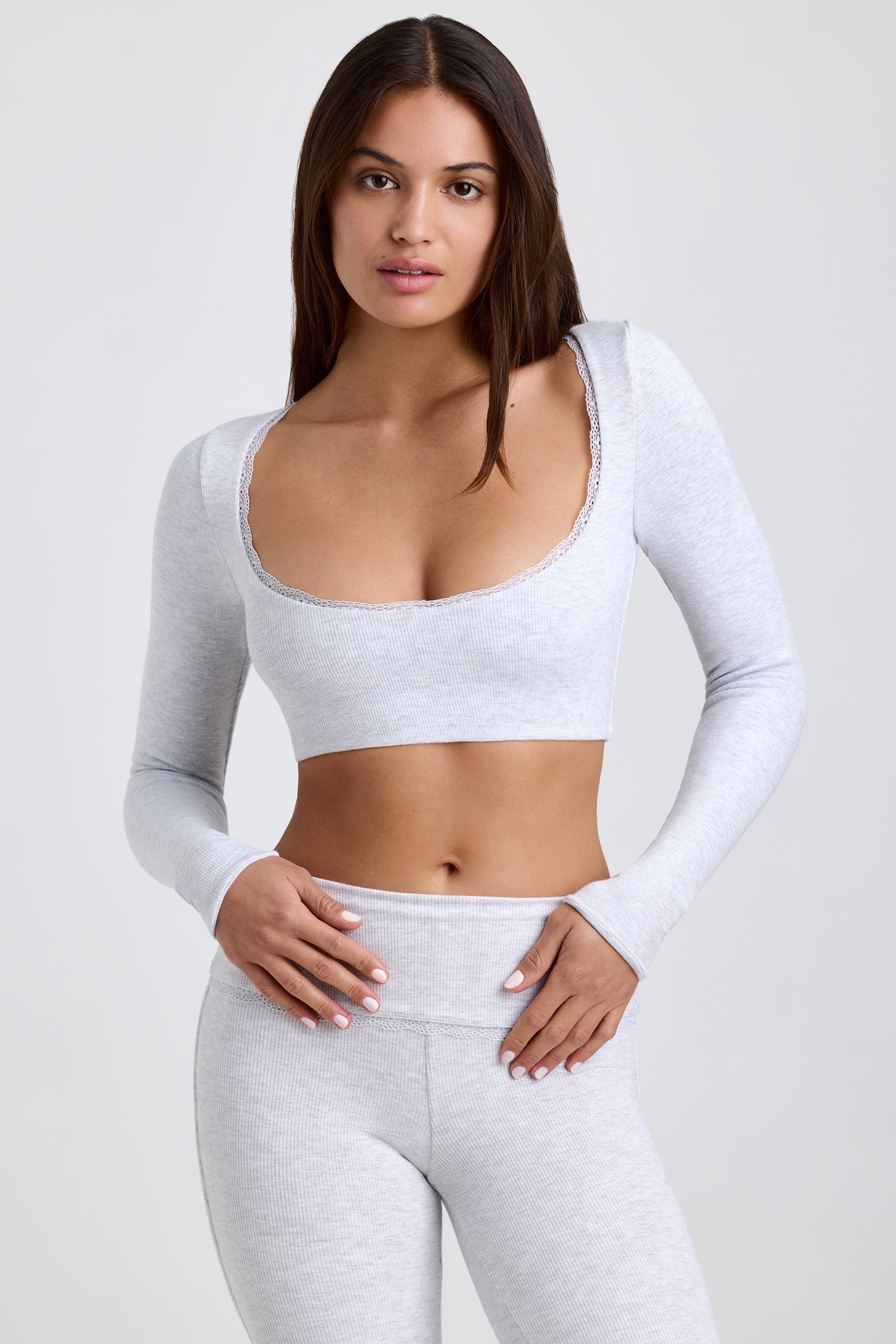 Ribbed Modal Lace-Trim Crop Top in Grey - 1