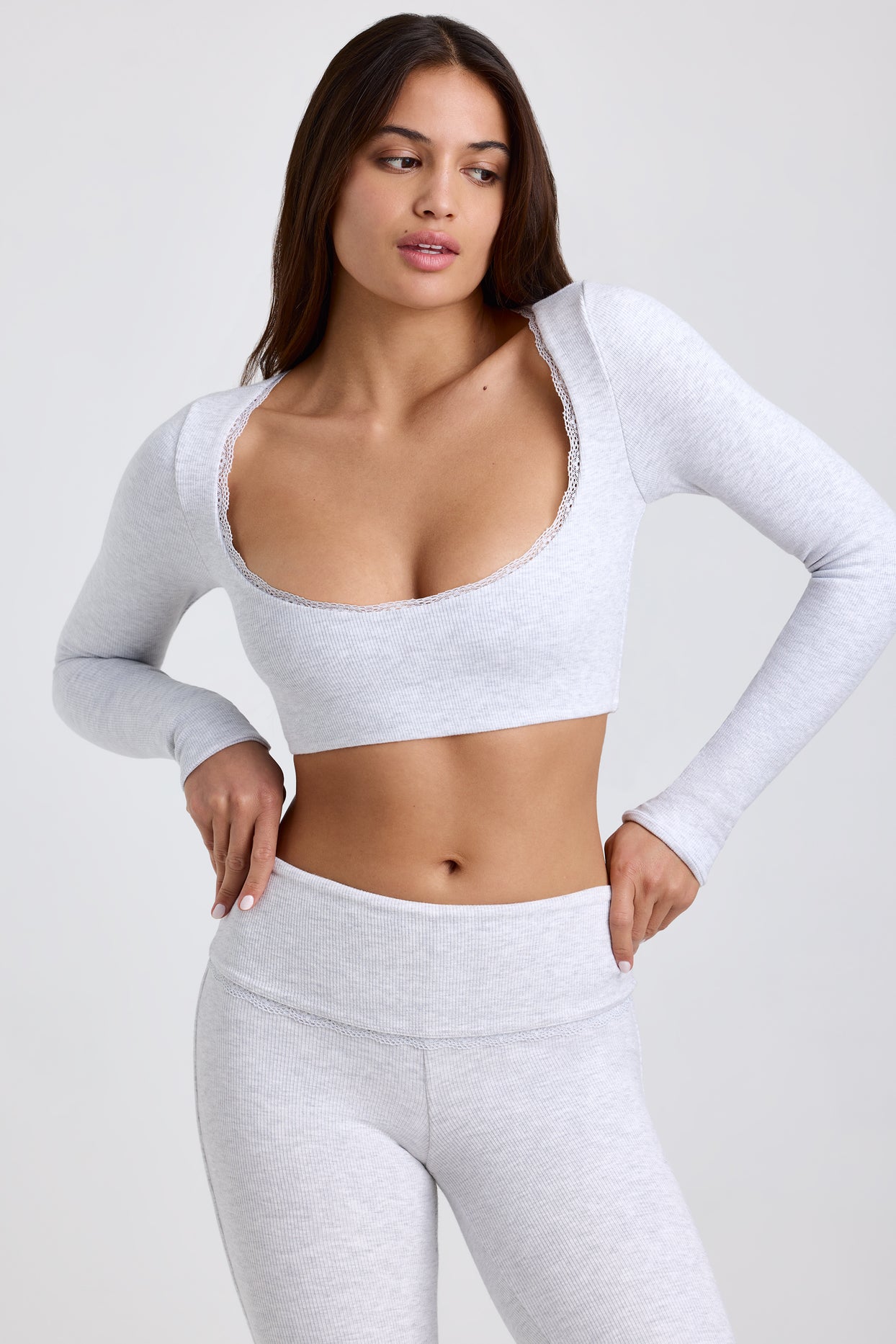 Ribbed Modal Lace-Trim Crop Top in Grey - 5