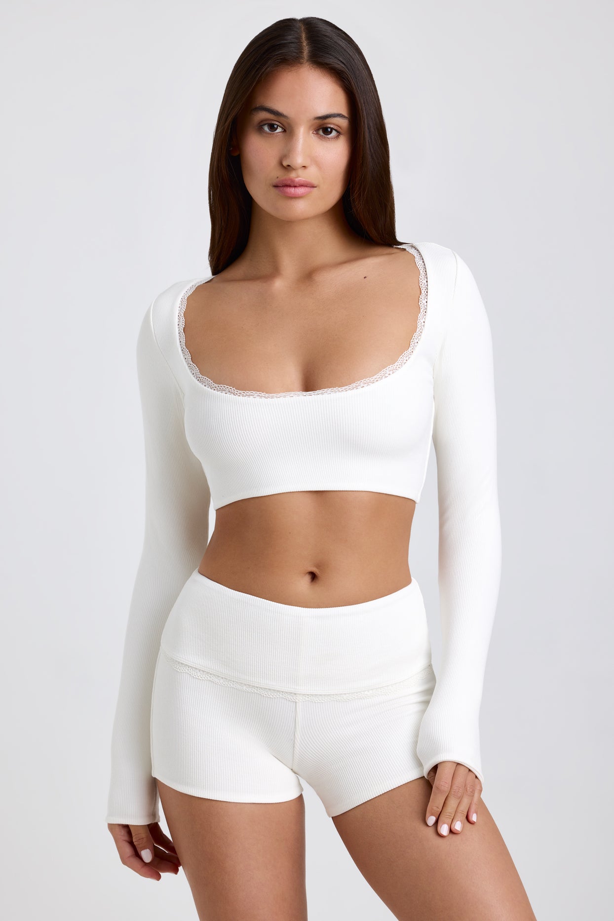 Ribbed Modal Lace-Trim Crop Top in White - 5