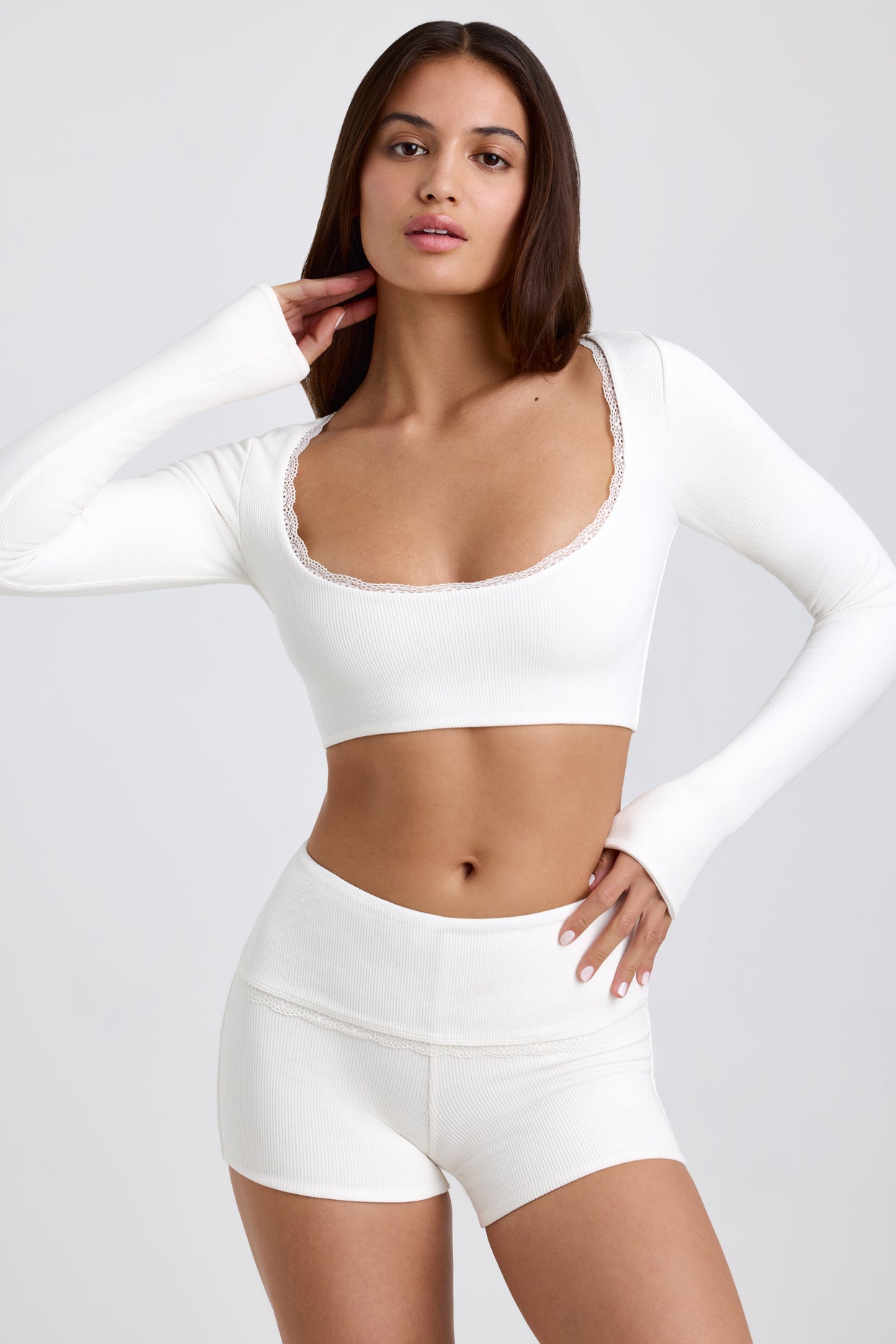 Ribbed Modal Lace-Trim Crop Top in White - 6
