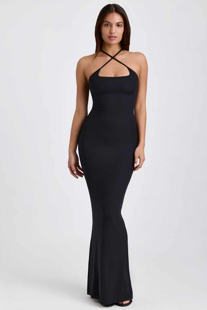 Ribbed Modal Halterneck Maxi Dress in Black - 1