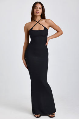 Ribbed Modal Halterneck Maxi Dress in Black