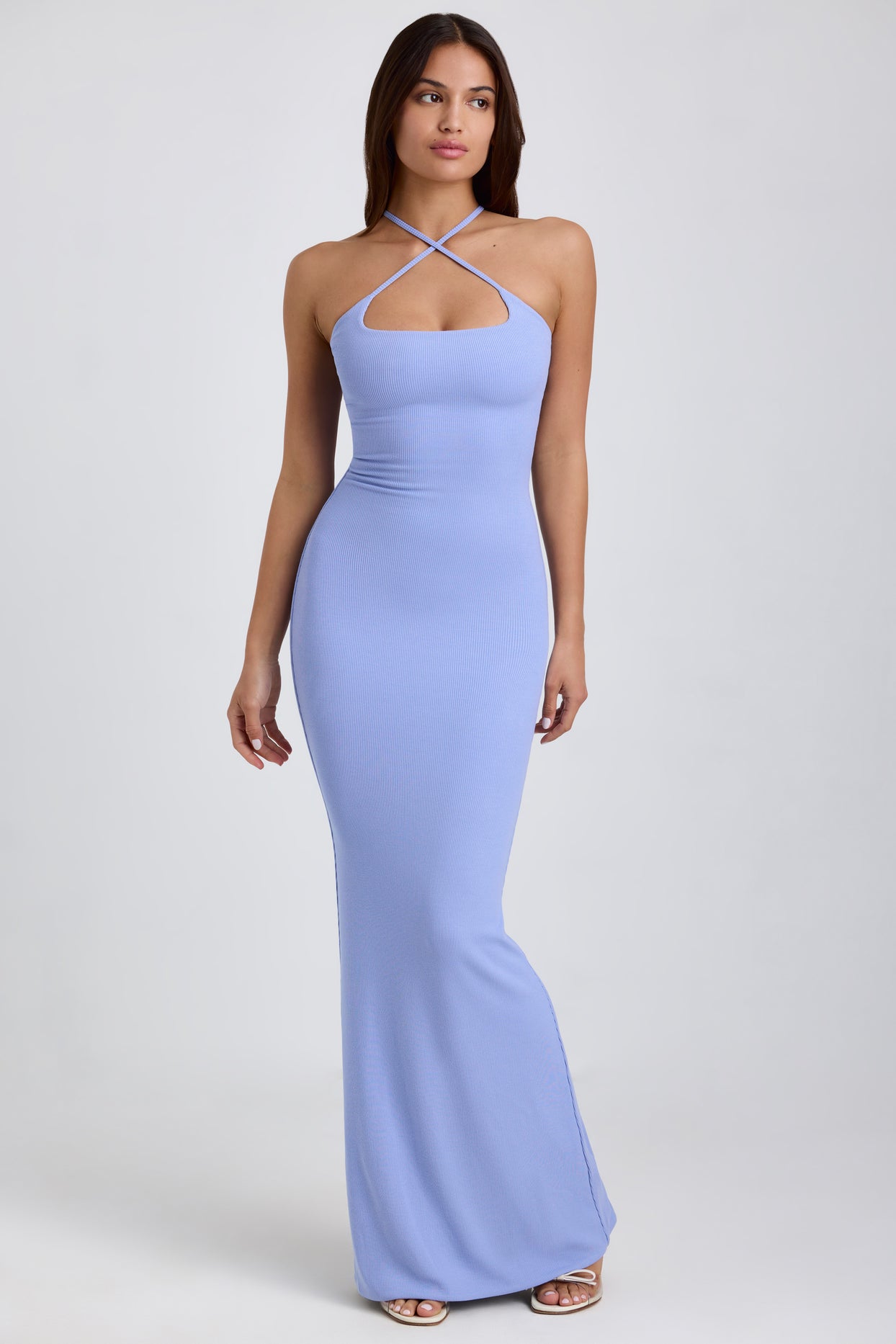Elora Ribbed Modal Halterneck Maxi Dress in Bluebell | Oh Polly Elora Ribbed Modal Halterneck Maxi Dress in Bluebell | Oh Polly