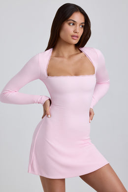 Ribbed Modal Lace-Trim Mini Dress in Blossom Pink