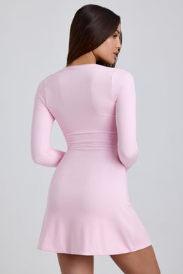 Prążkowana modalna sukienka mini z koronkowym wykończeniem w kolorze różu kwiatowego