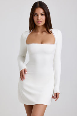 Ribbed Modal Lace-Trim Mini Dress in White