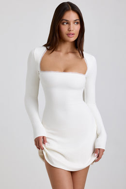 Mini-robe côtelée en modal avec bordure en dentelle, blanc