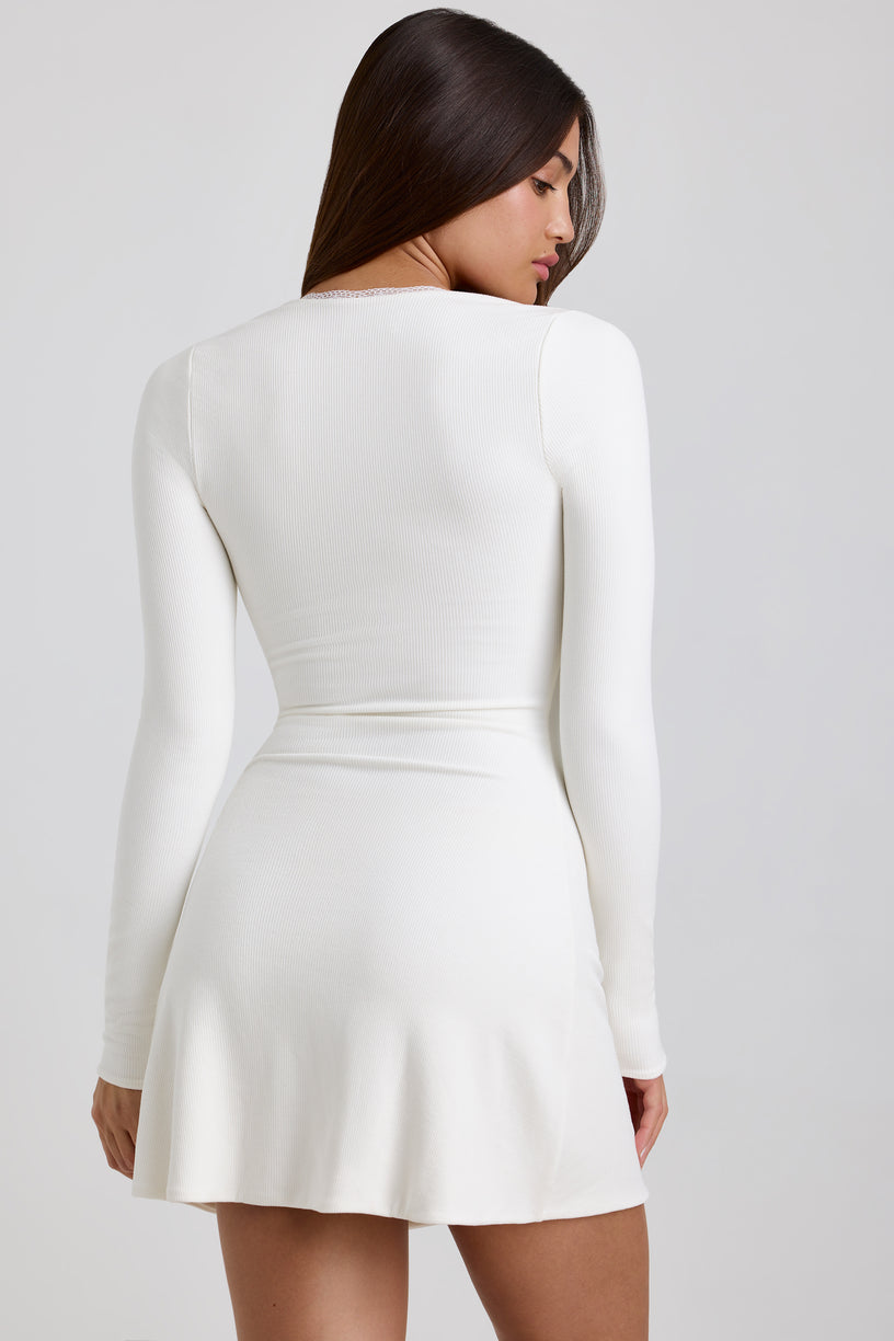 Ribbed Modal Lace-Trim Mini Dress in White - 2