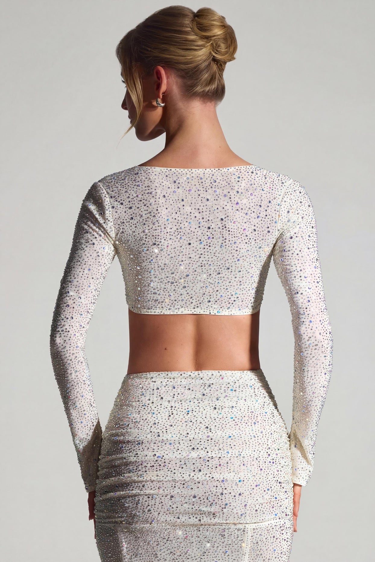Embellished Long-Sleeve Crop Top in White - 3