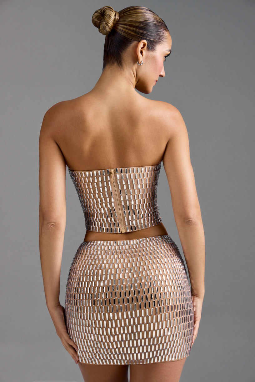 Embellished Low-Rise Micro Mini Skirt in Almond - 2