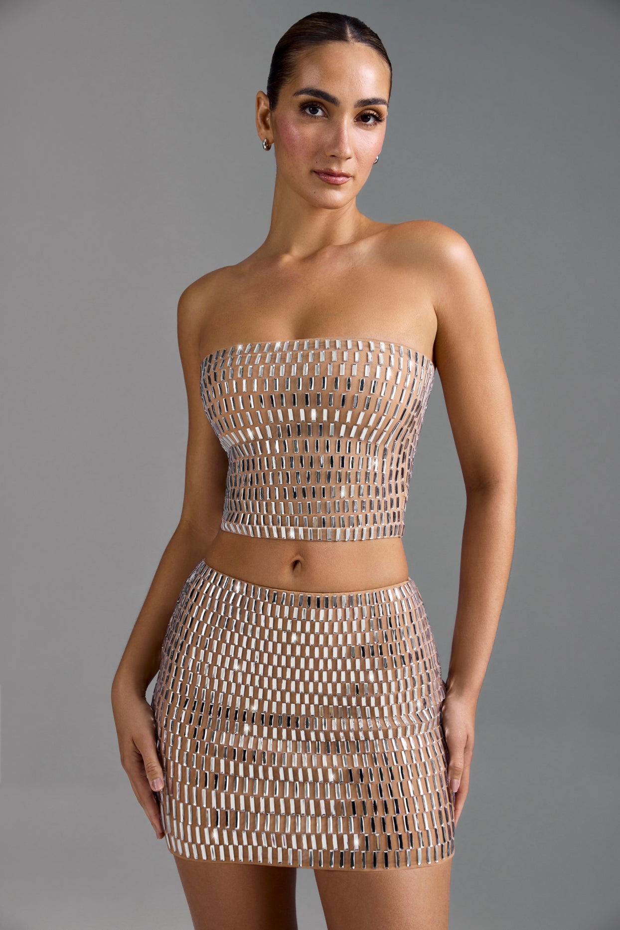 Embellished Low-Rise Micro Mini Skirt in Almond