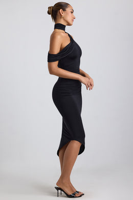 Slinky Jersey Asymmetric Cowl-Neck Midaxi Dress in Black