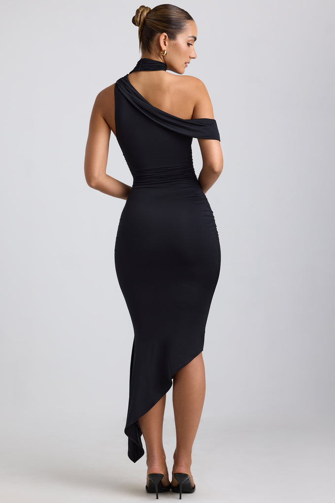 Slinky Jersey Asymmetric Cowl-Neck Midaxi Dress in Black
