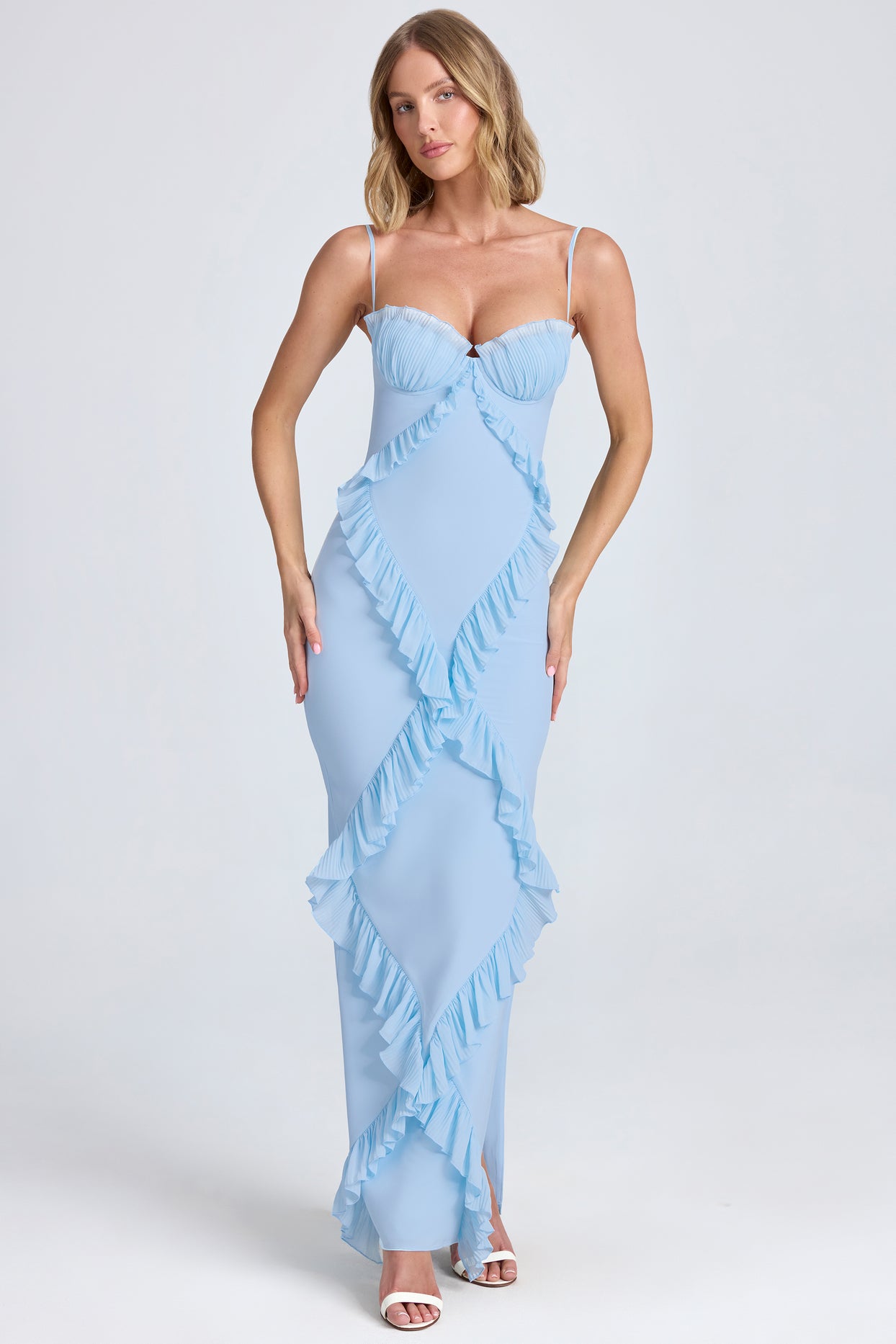 Plissé Ruffle-Trim Maxi Dress in Powder Blue - 6