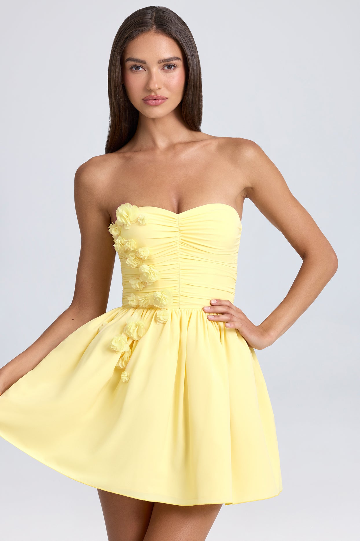 Bandeau Floral-Appliqué Corset Mini Dress in Lemon Sherbet - 6