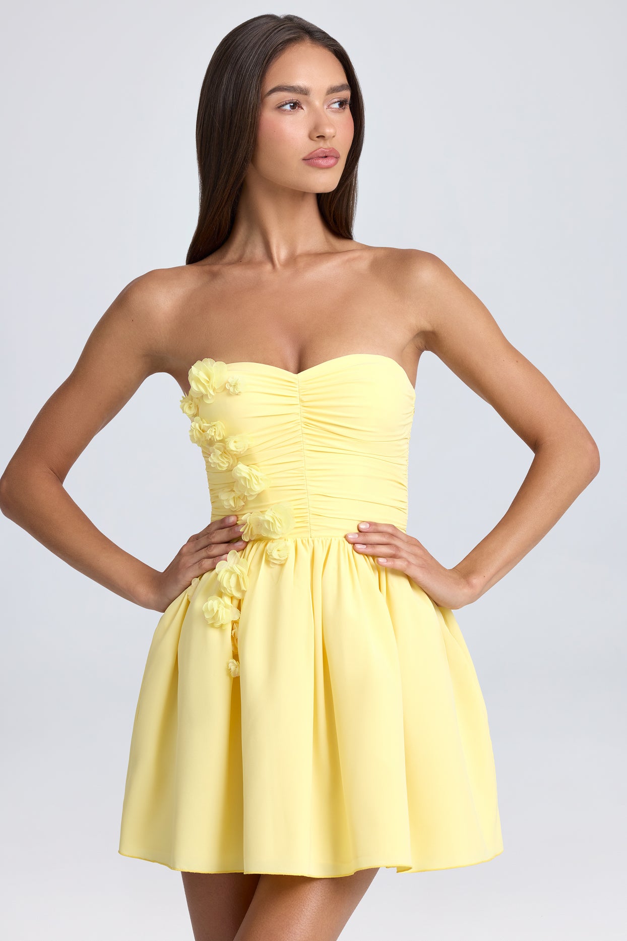 Bandeau Floral-Appliqué Corset Mini Dress in Lemon Sherbet - 5