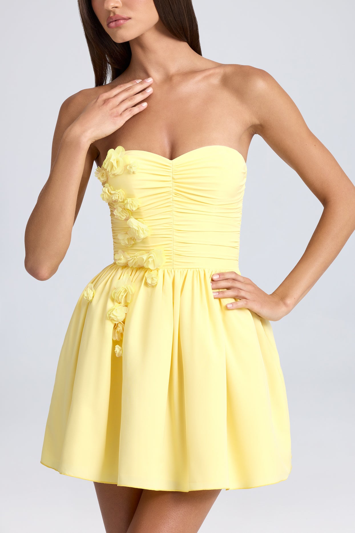 Bandeau Floral-Appliqué Corset Mini Dress in Lemon Sherbet - 4