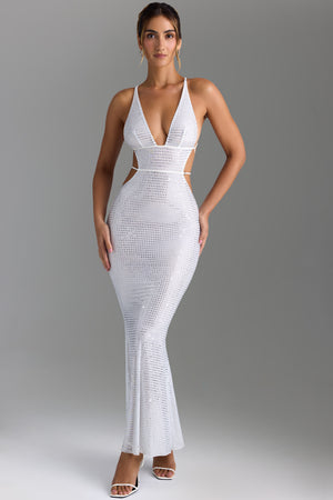 embellished cut-out bandeau maxi dress in white Massima | White Lace Bandeau Maxi Dress With Scarf-Detail Club L London