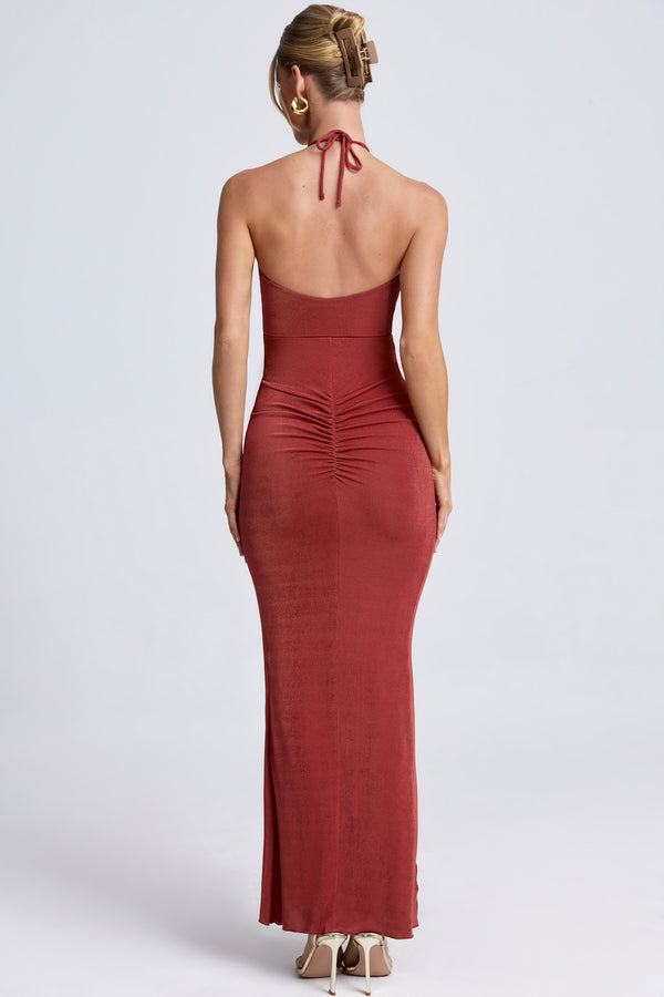 Hardware Detail Cut-Out Halterneck Maxi Dress in Auburn Brown - 2