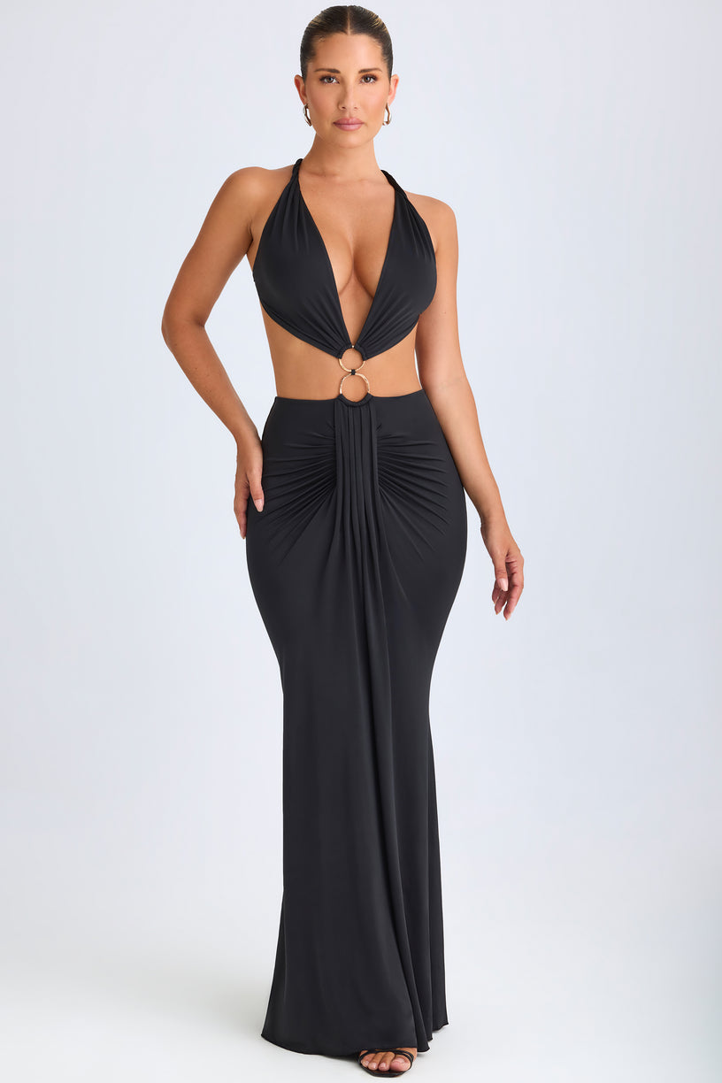 Hardware Detail Cut-Out Halterneck Maxi Dress in Black - 1