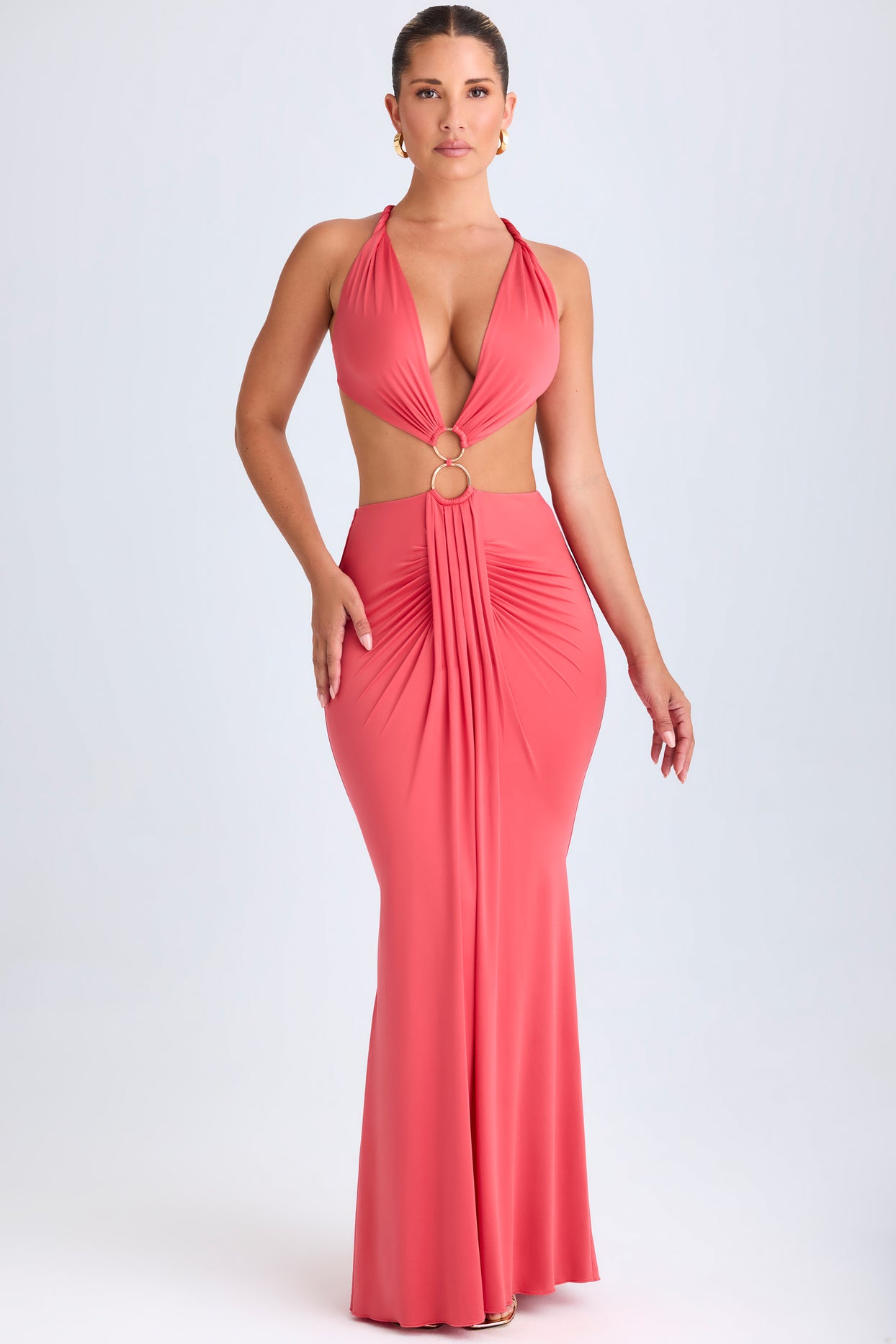 Hardware Detail Cut-Out Halterneck Maxi Dress in Coral - 7