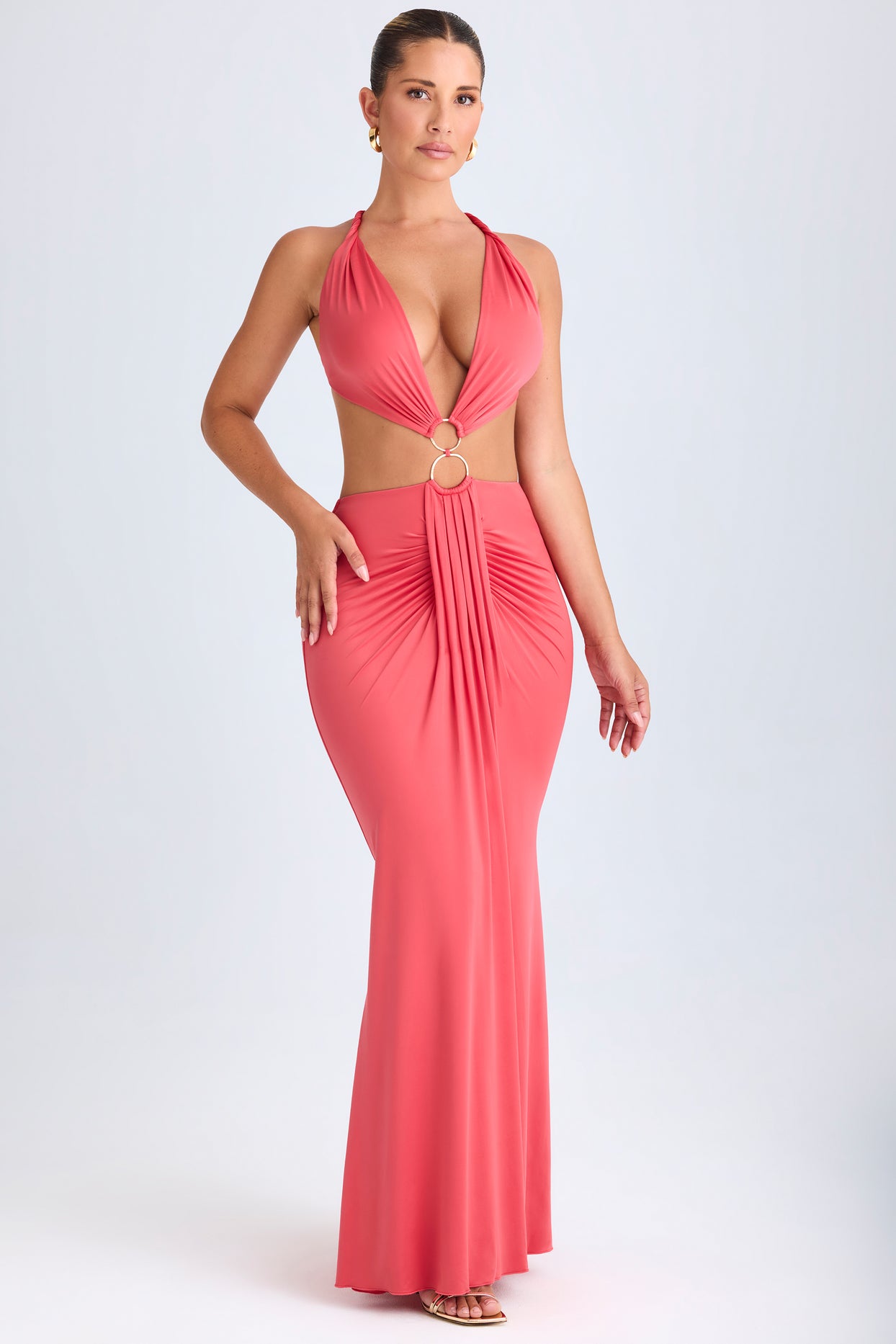 Hardware Detail Cut-Out Halterneck Maxi Dress in Coral - 6