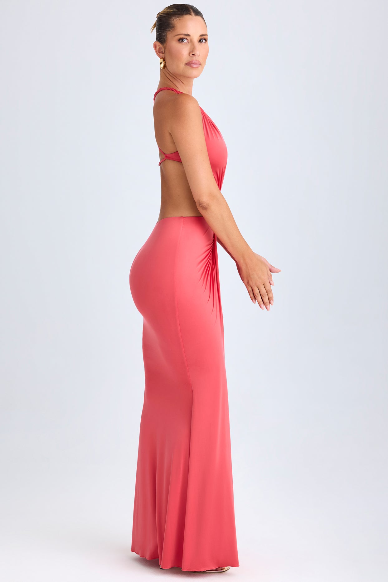 Hardware Detail Cut-Out Halterneck Maxi Dress in Coral - 3