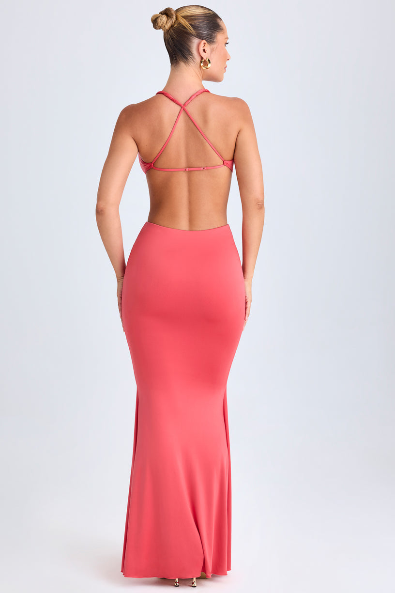 Hardware Detail Cut-Out Halterneck Maxi Dress in Coral - 2