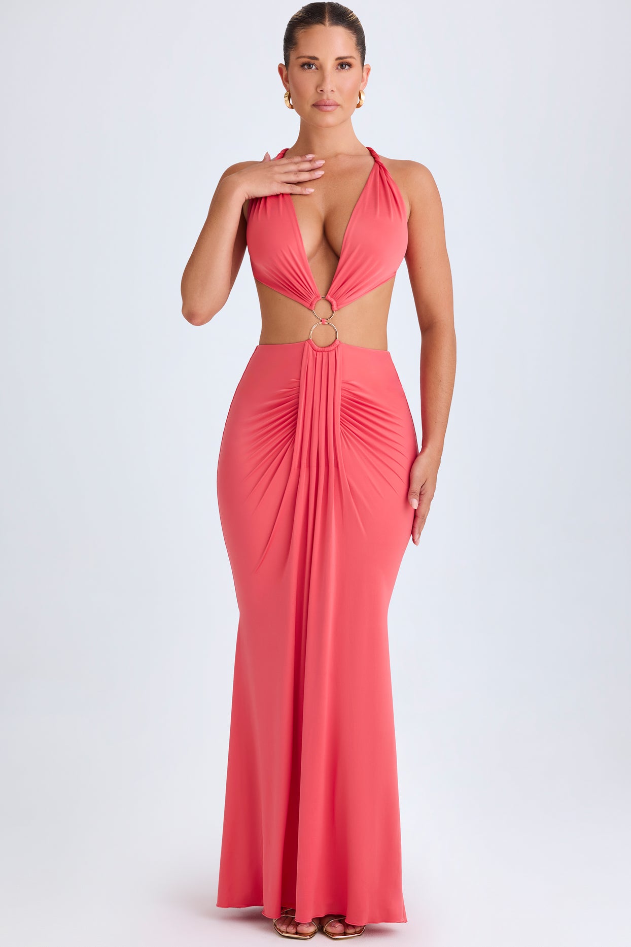 Hardware Detail Cut-Out Halterneck Maxi Dress in Coral - 8