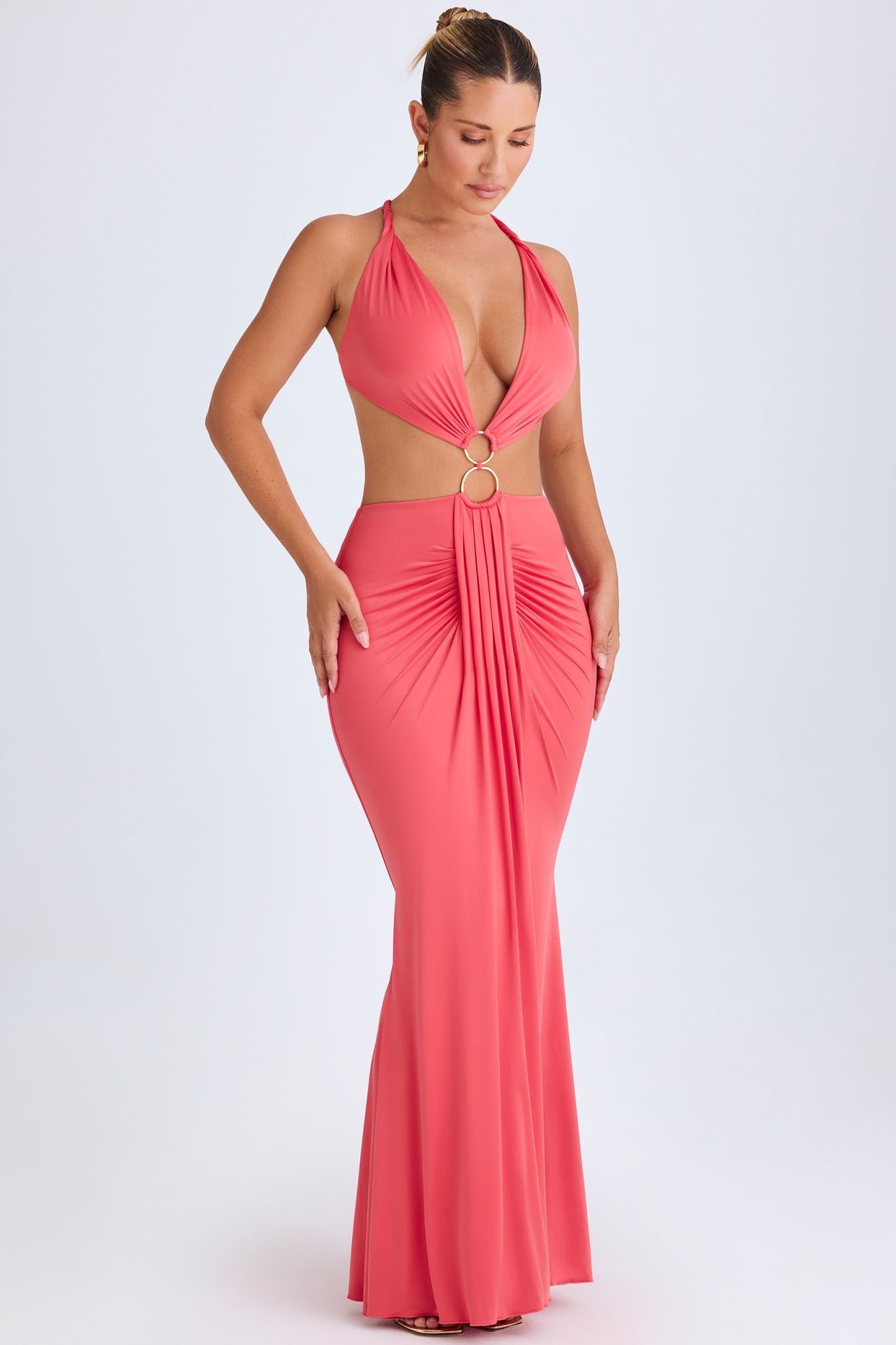 Hardware Detail Cut-Out Halterneck Maxi Dress in Coral - 4