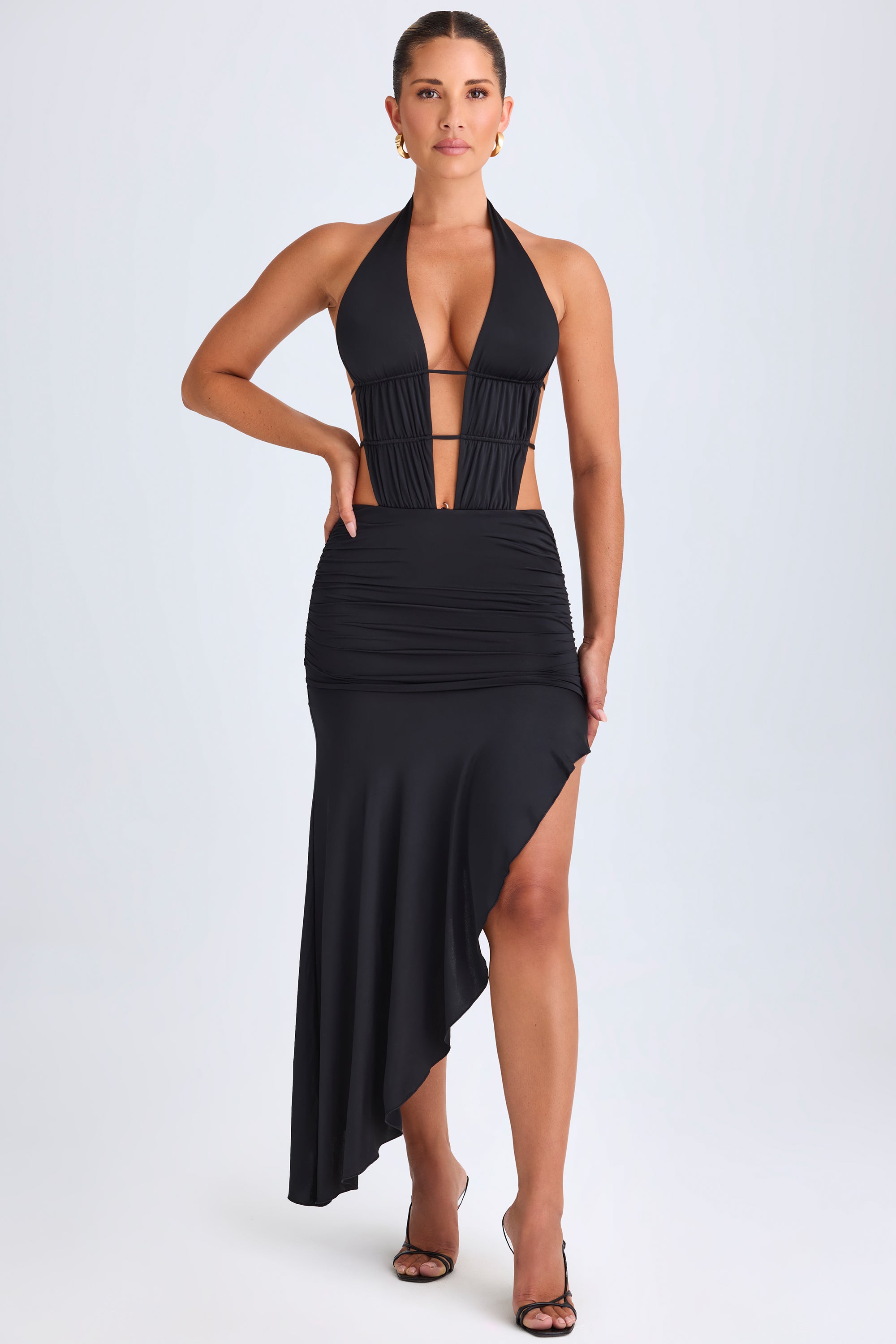 Manami Asymmetric Cut-Out Halterneck Midaxi Dress in Black | Oh Polly Manami Asymmetric Cut-Out Halterneck Midaxi Dress in Black | Oh Polly