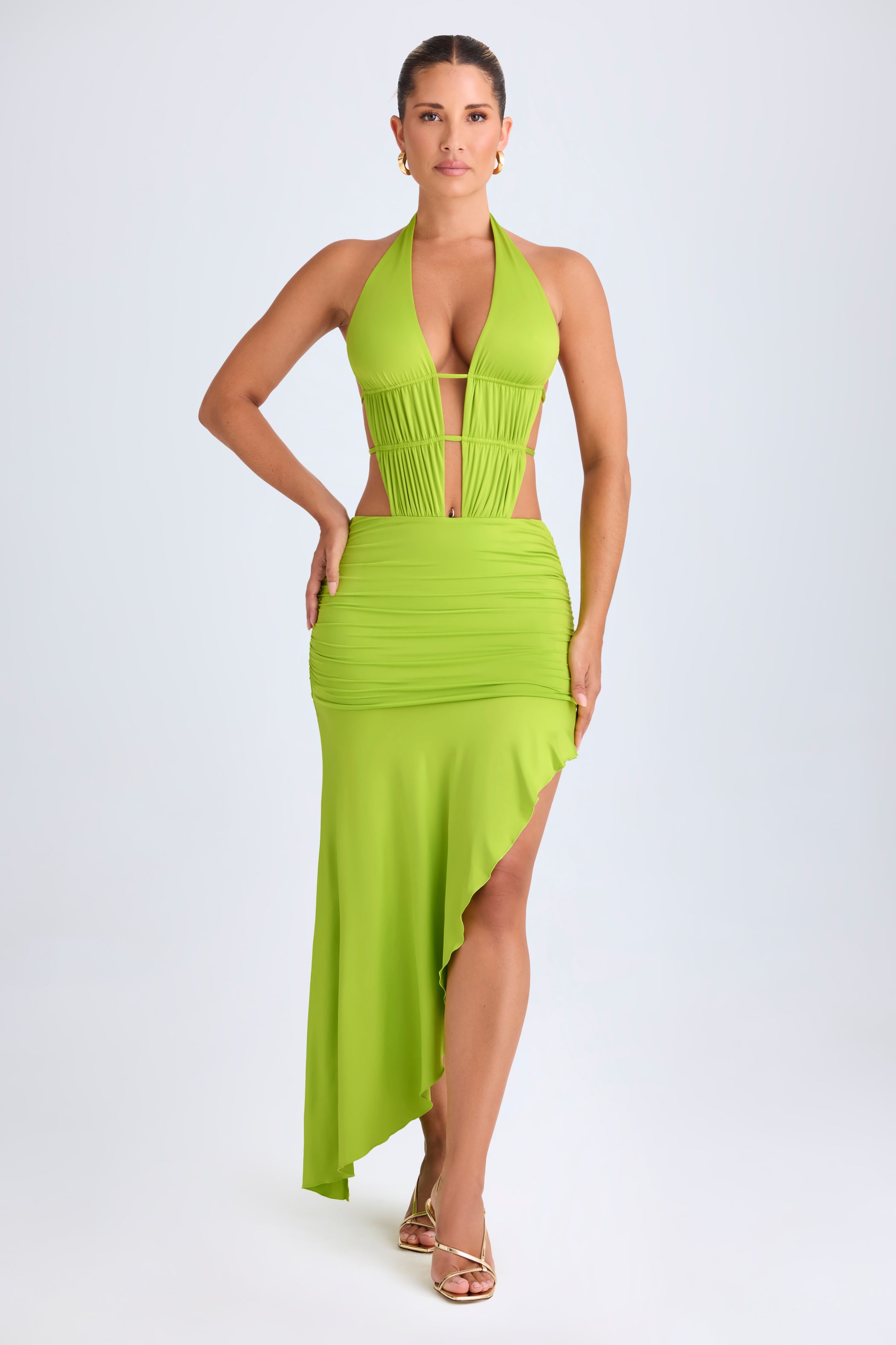 Manami Asymmetric Cut-Out Halterneck Midaxi Dress in Lime Green
