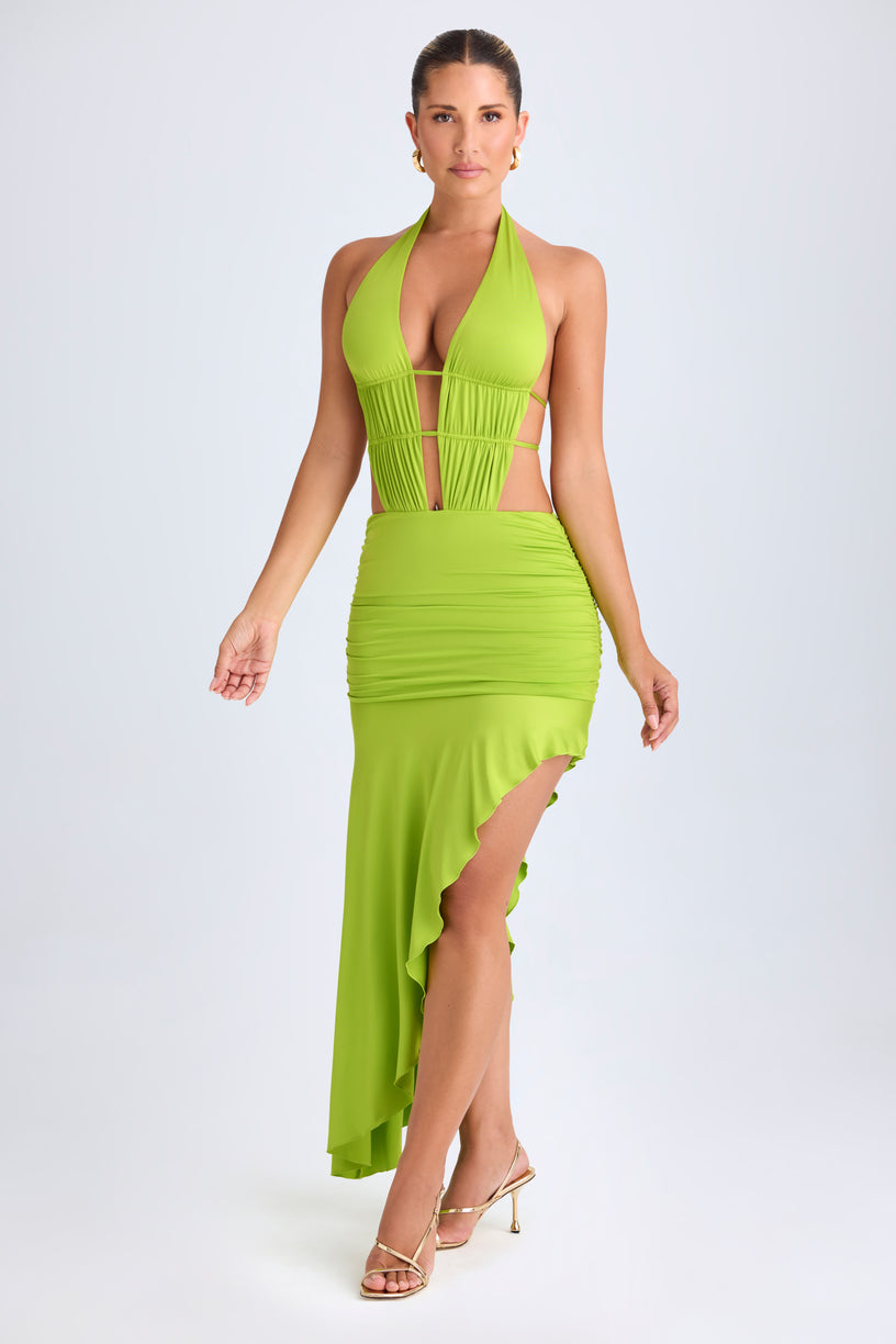 Asymmetric Cut-Out Halterneck Midaxi Dress in Lime Green - 1