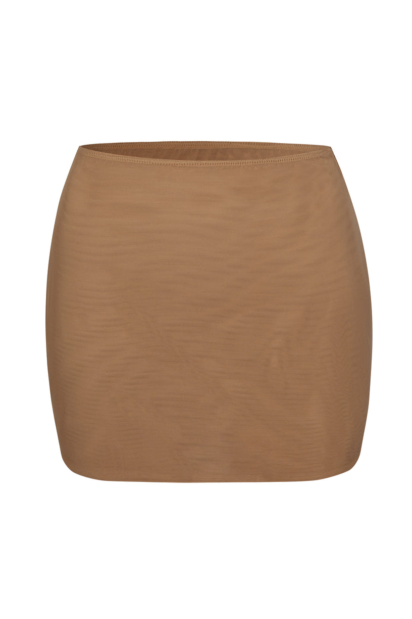 Soft Mesh Low-Rise Micro Mini Slip Skirt in Almond - 1