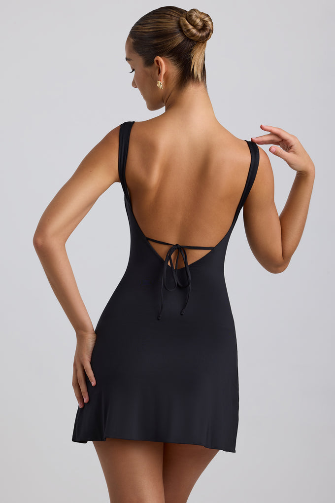 Slinky Jersey Ruched V-Back Mini Dress in Black