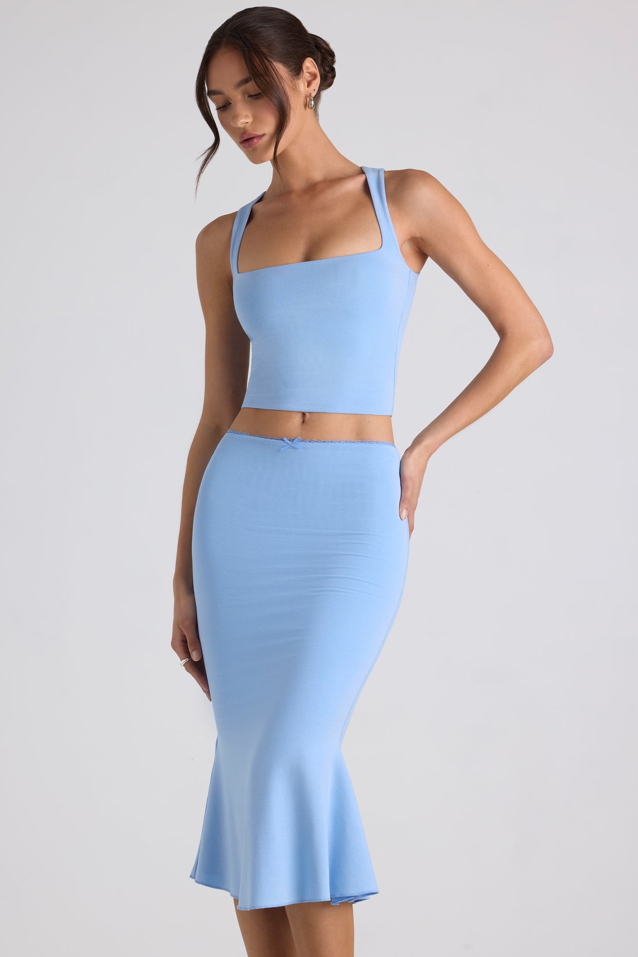 Modal Bow-Embellished Mid-Rise Midi Skirt in Sky Blue
