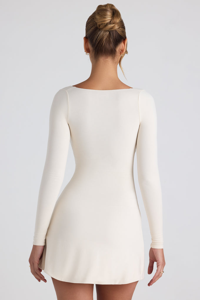 Modal Bow-Embellished Sweetheart-Neck A-Line Mini Dress in Ivory